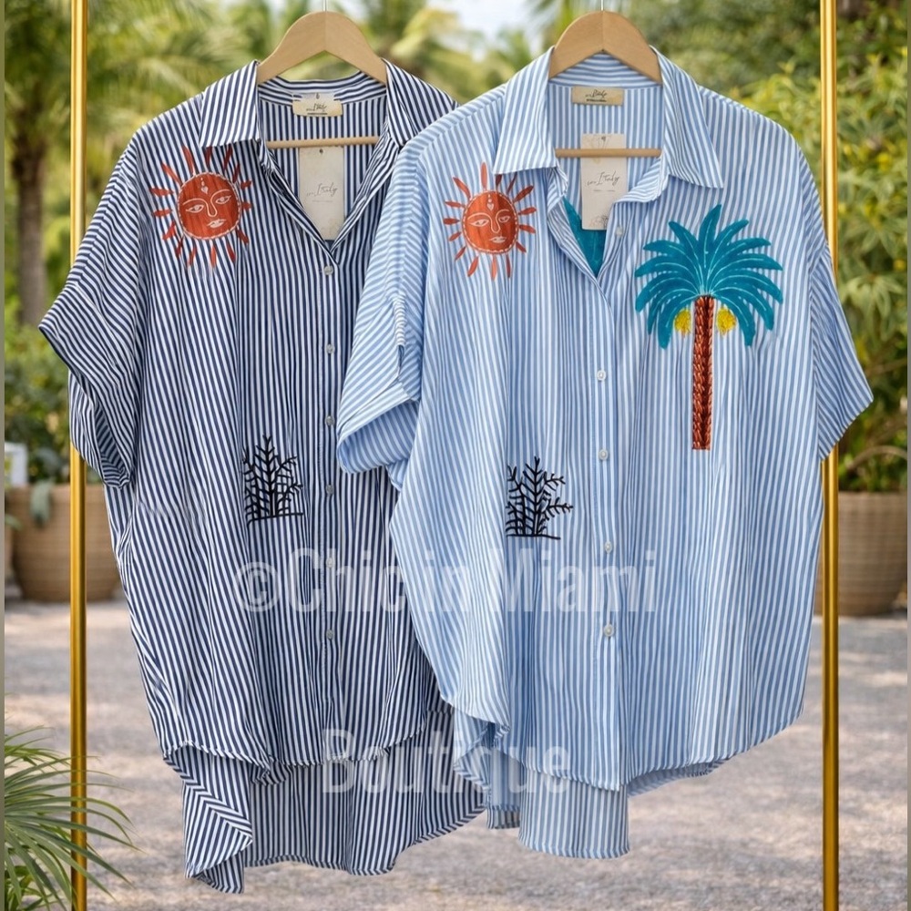 Made in Italy Striped Short Sleeve Oversized Shirt with Embroidery